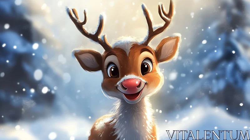 Smiling cartoon reindeer glows in soft winter snowfall.