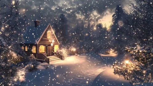 Snowlit cabin and winding lane under glowing winter sky.
