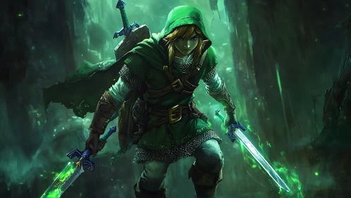 Resolute forest hero steps forward with glowing twin blades