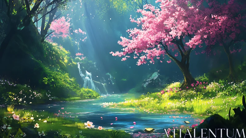 Digital painting of luminous cherry grove with waterfall focus.