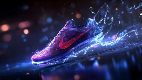 Futuristic running shoe in dynamic splash, neon lighting style.