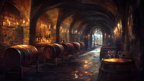 Digital painting of candlelit wine cellar with vaulted stone arches.