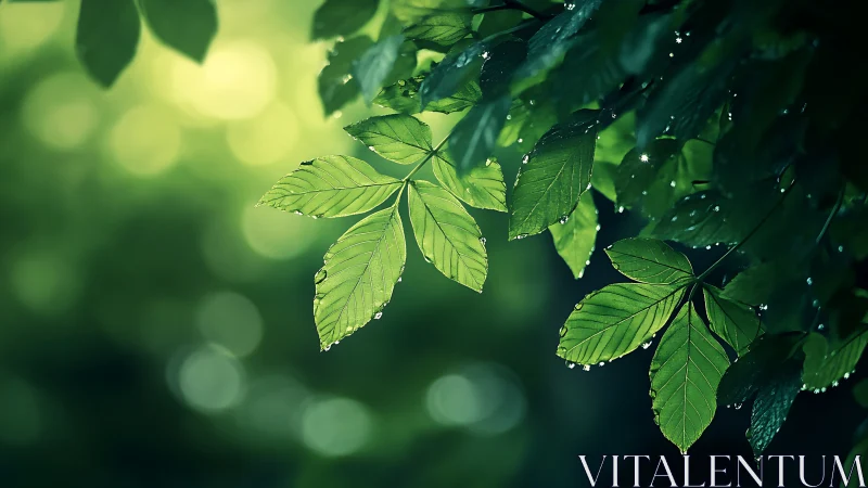 Green leaves with water droplets hang against blurred light