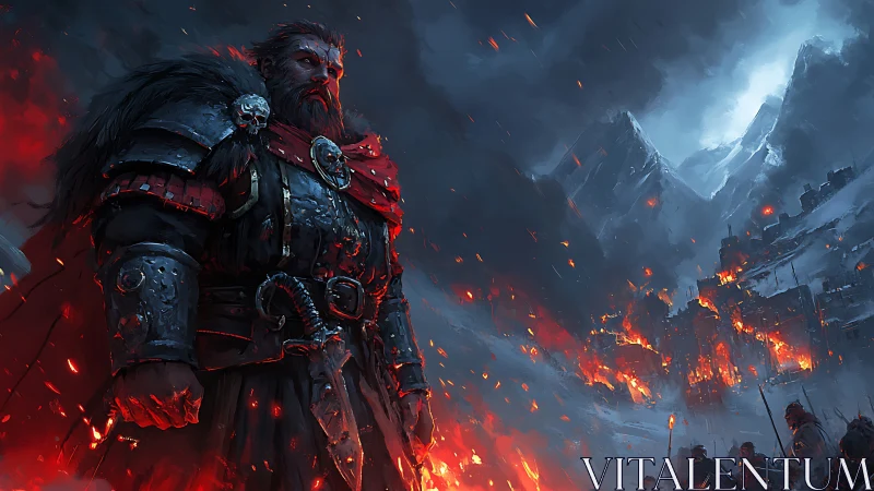 Warrior lord before burning mountain citadel at dusk.