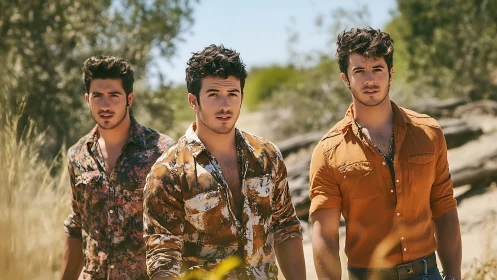 Three young men in patterned shirts walk through sunlit scrubland