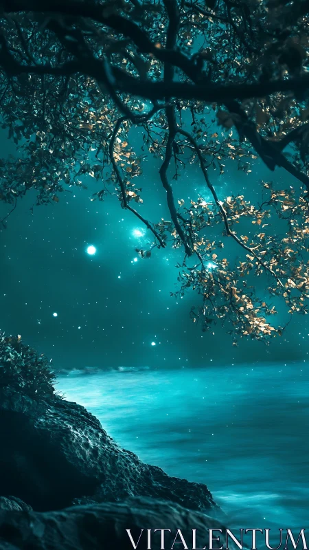 Moonlit cyan shoreline under starry branches at night.