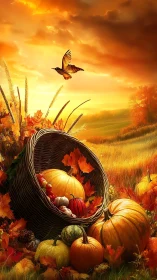 Autumn harvest cornucopia rests beneath glowing sunset sky