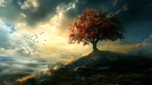 Solitary autumn tree crowned by glowing stormlit sunset.