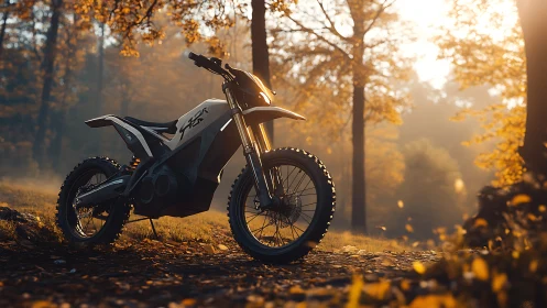Electric dirt bike glows in golden forest trail sunset haze