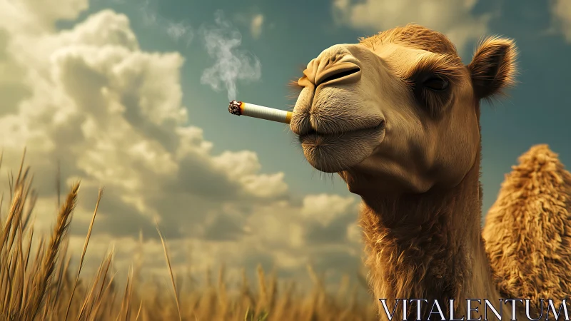 Playful camel poses calmly with a cigarette in open fields