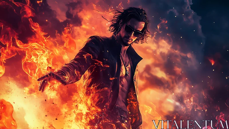 Male figure stands in dense flames with contrasted lighting