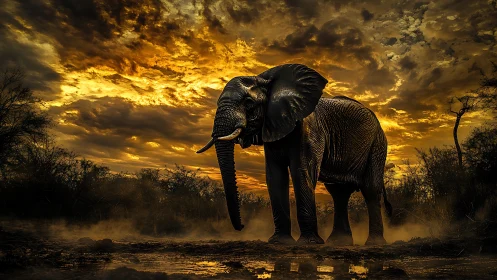 Solitary African elephant stands against dense sunset cloud cover