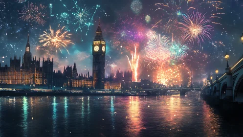 London riverside skyline glows under dazzling fireworks display.