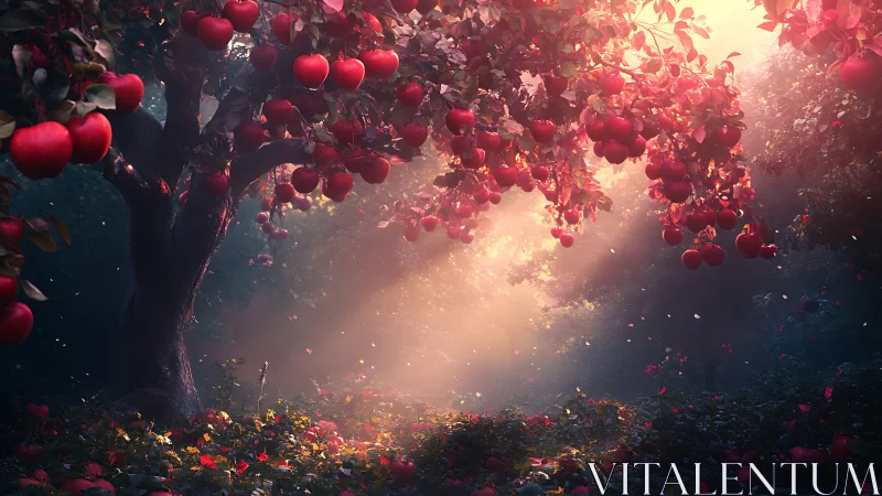 Red apple tree under warm sunbeams in quiet forest grove.