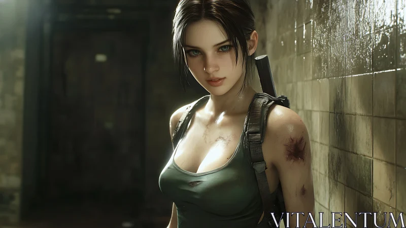 Battle-worn operative in damp corridor, cinematic lighting.