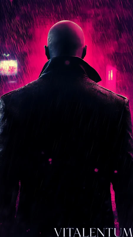 Cyberpunk backlit silhouette in neon magenta rainfield composition.