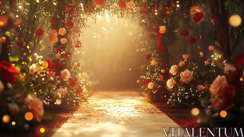 Romantic rose garden aisle glowing in soft golden light.