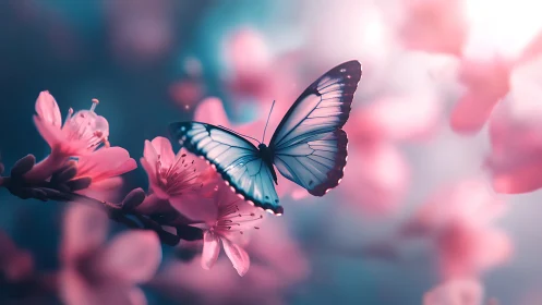 Butterfly rests on pink blossoms in shallow depth of field