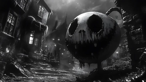 Grinning pumpkin moon looming over decayed Gothic alleyway.