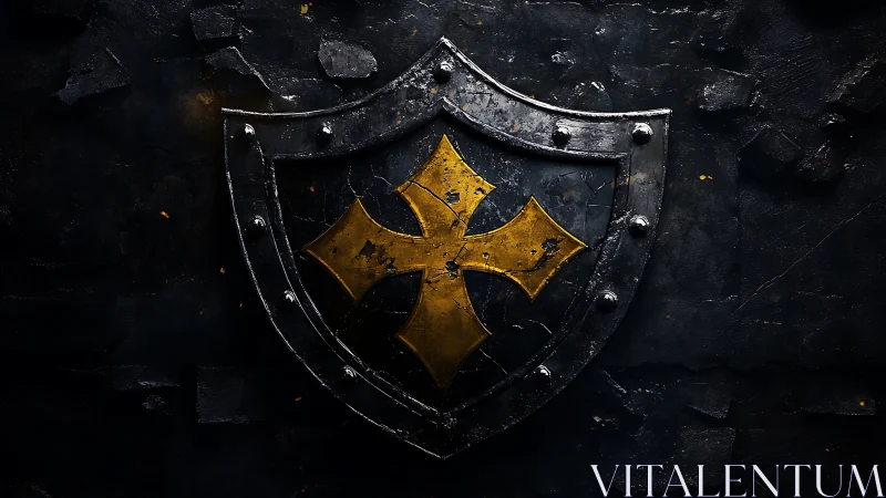 Weathered iron shield bears a golden cross in dark stone