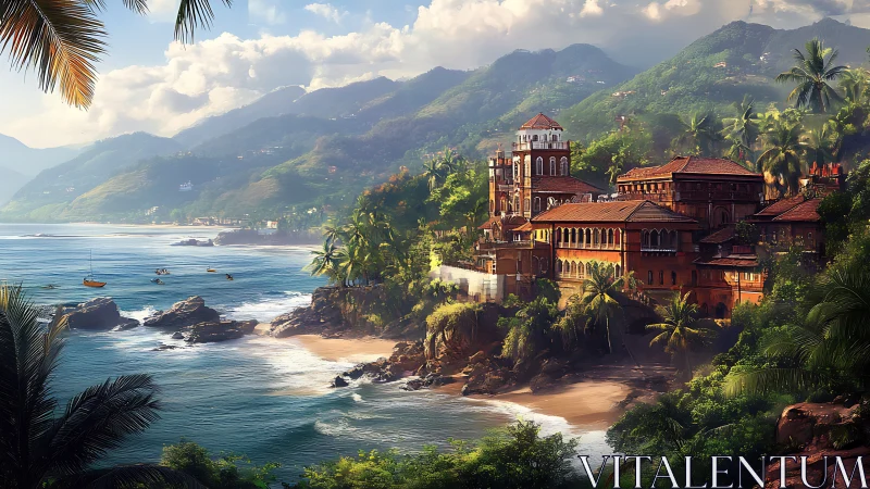 Mediterranean Villa Perched on Tropical Coastline with Mountain Backdrop.