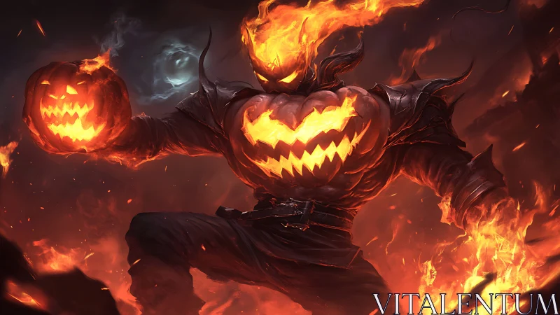Fiery pumpkin warrior igniting a boldly spooky night.
