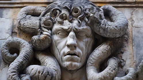 Stone Medusa relief with coiling serpents and baroque detailing.