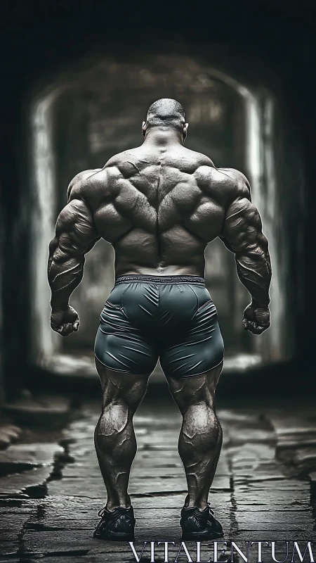 Muscular male bodybuilder standing in dark stone tunnel.