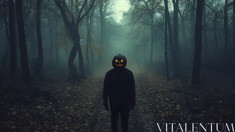 Pumpkin-headed wanderer glows gently in a misty forest path