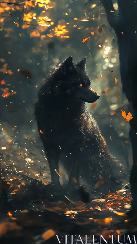 Dark-furred wolf stands in autumn forest under diffuse light