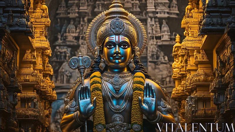 Digital deity sculpture amid intricately lit temple gopurams