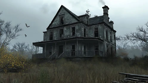 Weathered Victorian farmhouse in overgrown misty landscape