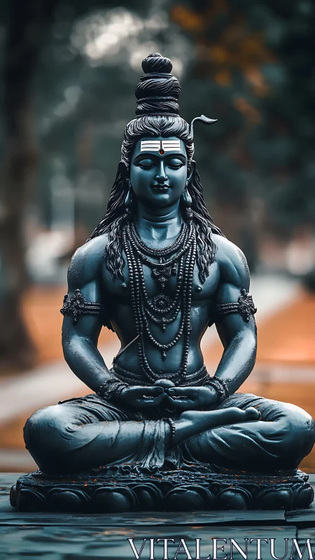 Meditative Shiva sculpture in teal monochrome focus.