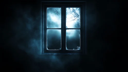 Frosted window shows misty blue night forest outside