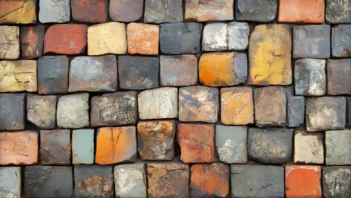 Rustic multicolored stone brick wall in close-up, textured style.