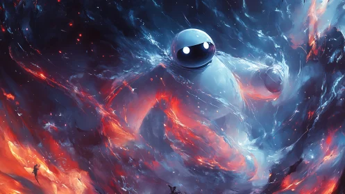 Gentle robot drifts through swirling cosmic fire and ice.