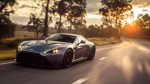 Silver sports coupe powers through sunlit country highway.