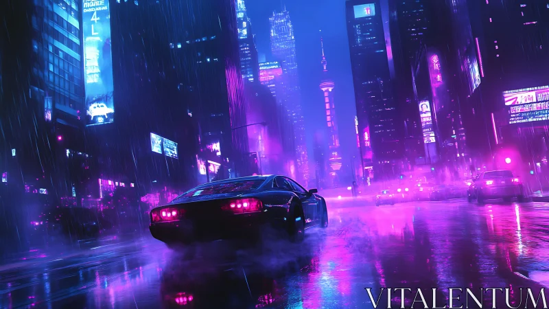 Retro sports car burns through neon drenched cyberpunk avenue