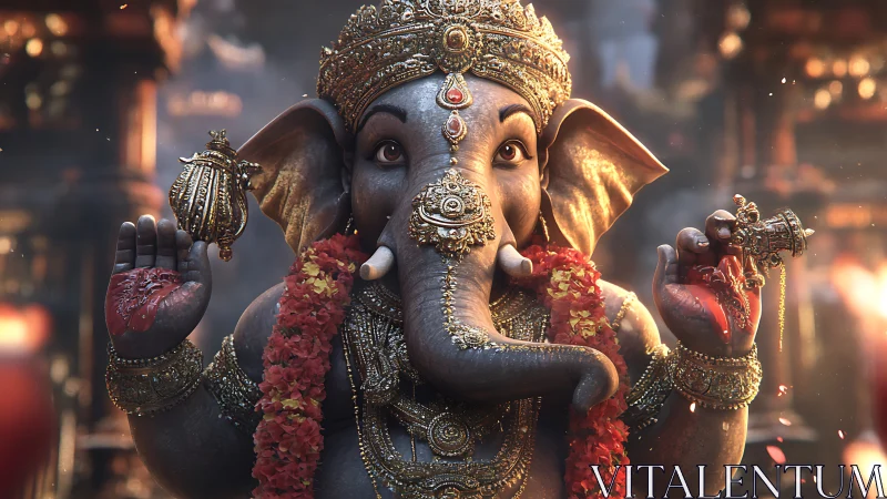 3D depiction of Ganesha statue with ornate jewelry and garland.