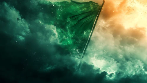 Green flag on pole intersects turbulent bicolored clouds