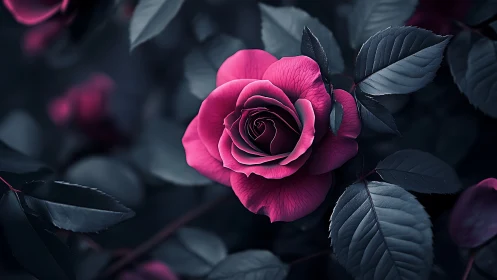 Magenta Rose with Dark Foliage: High-Contrast Botanical Study.