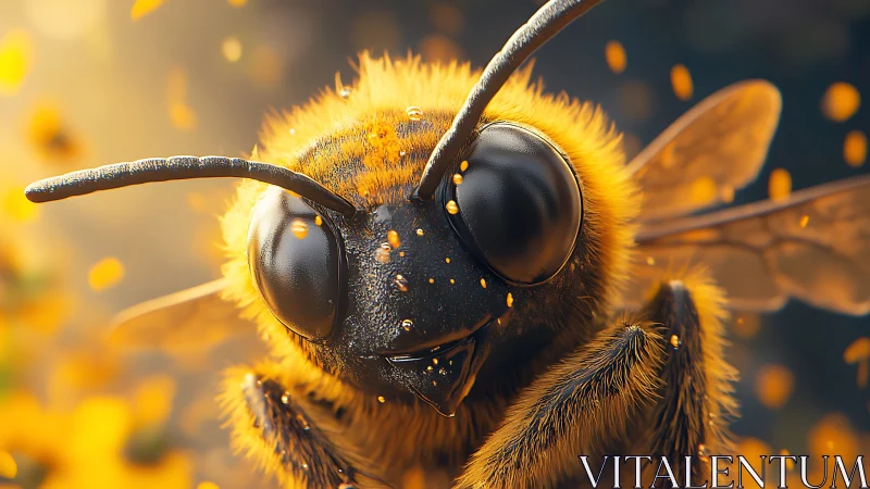 Macro close up of pollen covered bee in warm sunlight.