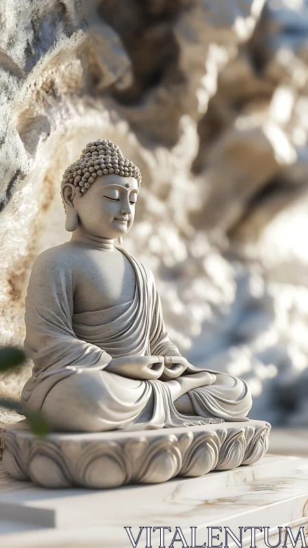 Stone serenity blooms in a lotus-seated Buddha statue.