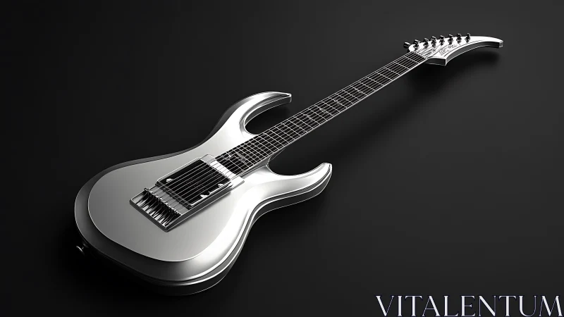 Chromed seven‑string electric guitar on matte black plane.