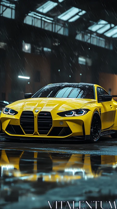 Yellow BMW coupe in cinematic rainy warehouse lighting.