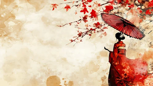 Woman in red kimono with umbrella under autumn leaves.