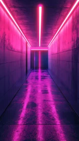 Neon magenta corridor with reflective wet floor perspective.