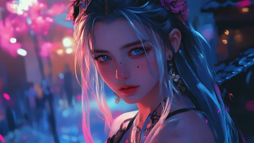 Neon-lit silver-haired girl gazes through glowing nightscape.