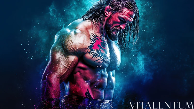 Neon titan bows in electric silence and swirling color storm.