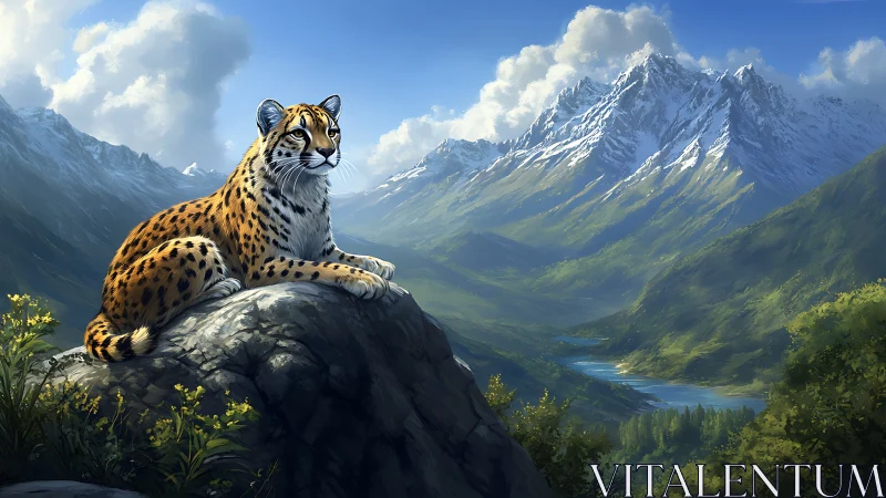 Majestic Snow Leopard Surveying Alpine Peaks.